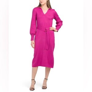 🔥🔥🔥DONNA RICCO Long Sleeve Midi Sweater Dress With Belt Detail/ dark fuschia/ L